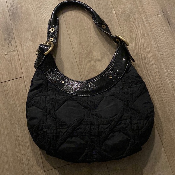 STUART WEITZMAN black gold studs fabric patent leather hardware shoulder bag - Picture 1 of 5